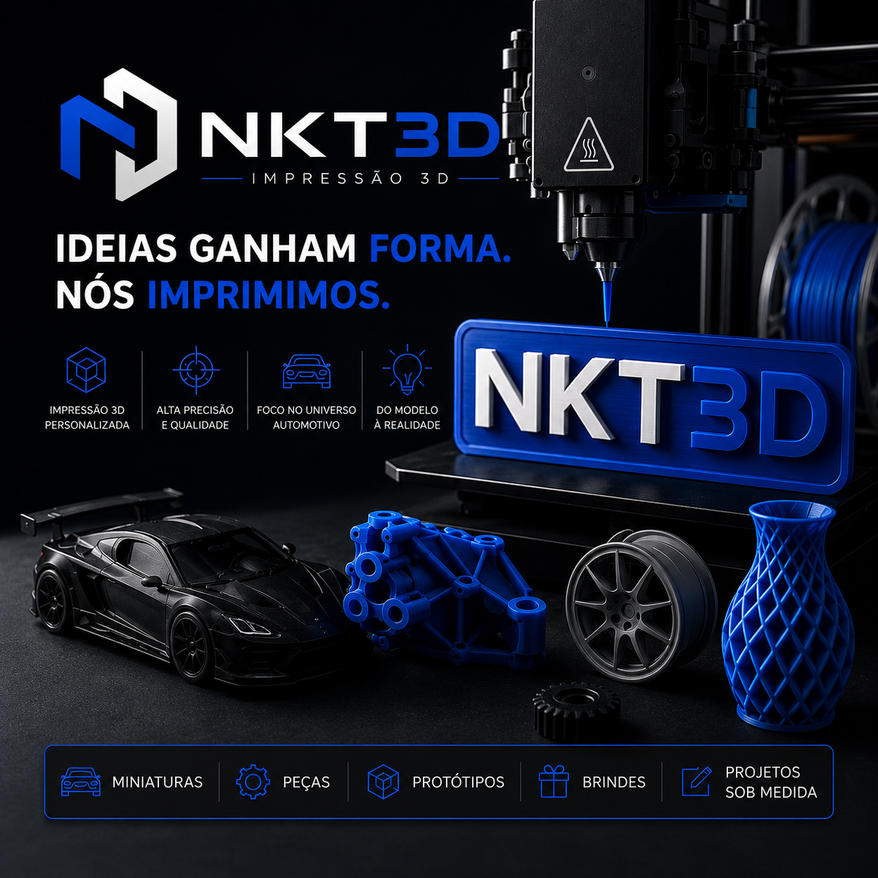 Miniatura de carro, roda e componente mecânico impressos em 3D pela NKT3D