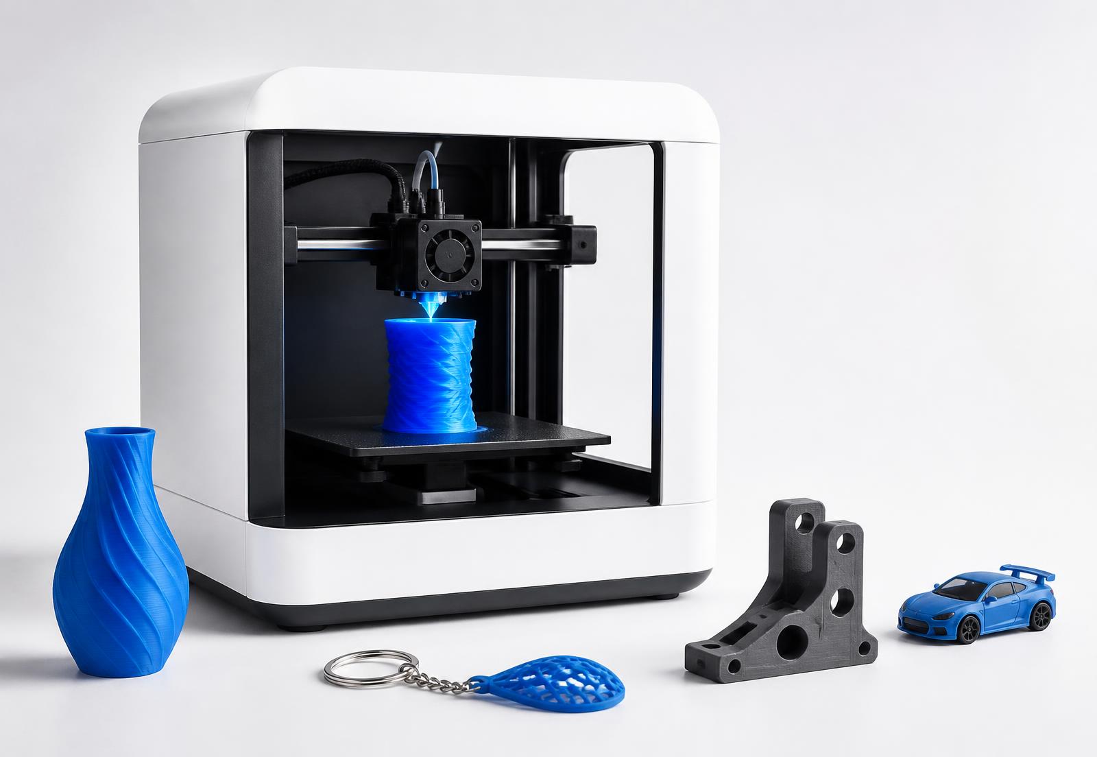 Impressora 3D imprimindo uma peça ao lado de objetos impressos em 3D: vaso, chaveiro, peça funcional e miniatura
